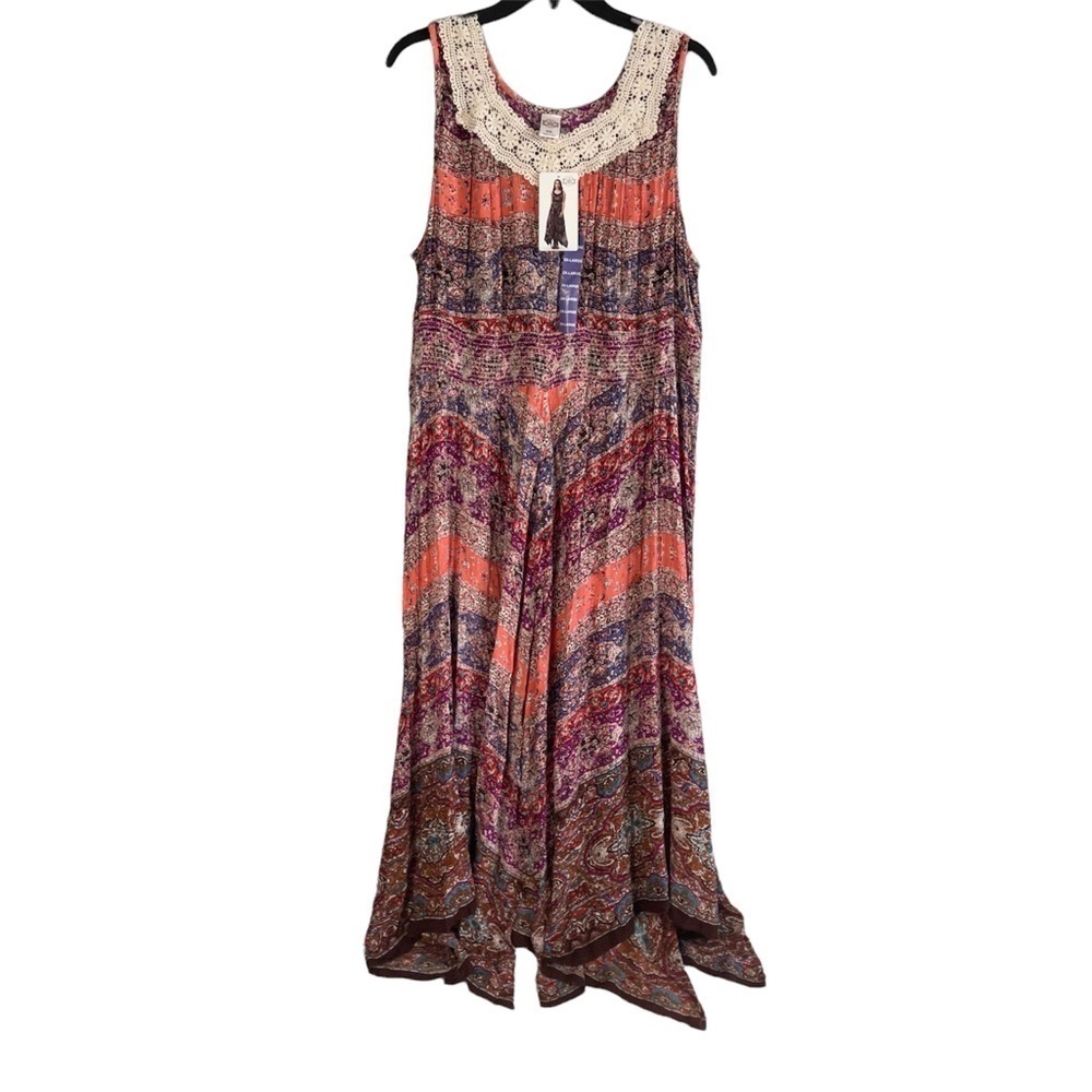 NEW Billabong Coral Purple Boho Print‎ Handkerchief Hem Midi Dress Size XXL